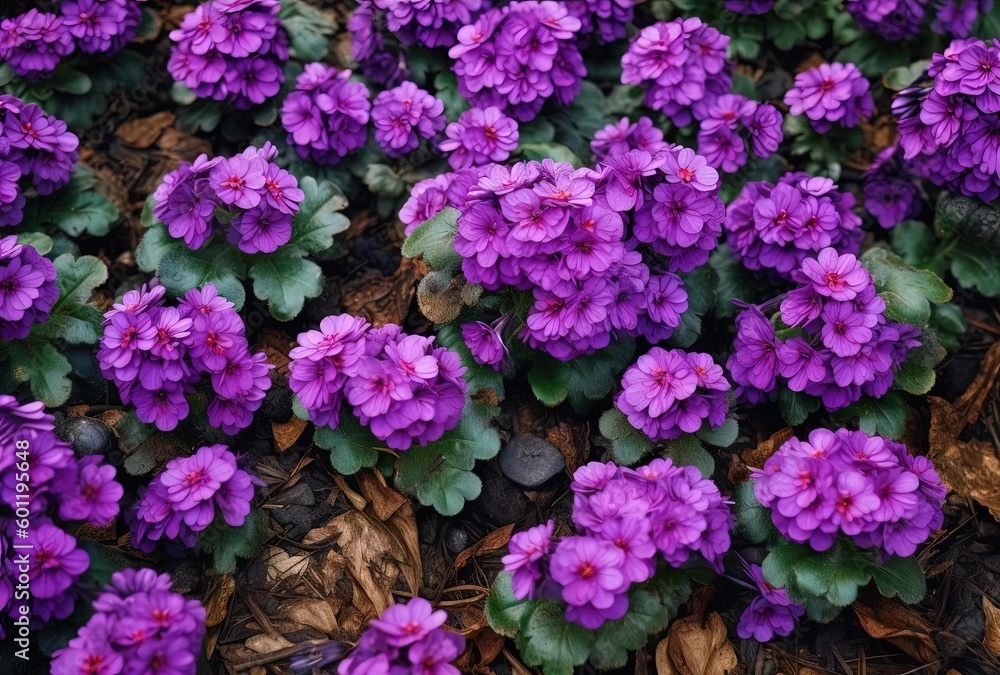 a bunch of purple flowers in a bed of dirt, generative ai