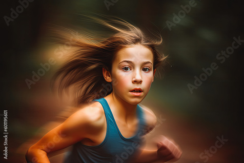 Girl running photo motion blur. Portrait of sporty young girl running. Generative AI