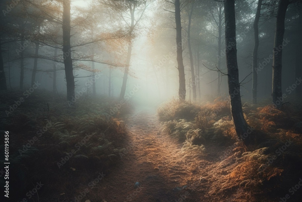A foggy dawn in the woods. Generative AI