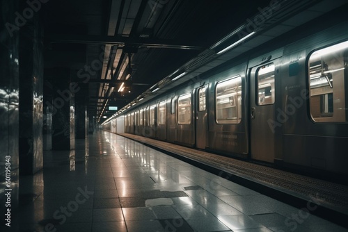 Blurred background of subway station. Generative AI