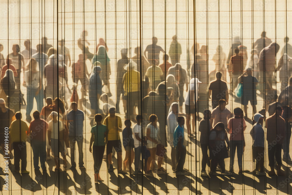abstract, people at a high fence, at a fictional border or border crossing, refugees or immigrants standing in an endless queue or row along the fence, fictional place - obrazy, fototapety, plakaty 