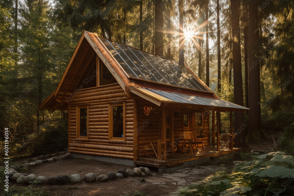 Log cabin in the forest with sunlight. Ai generated Log cabin in the forest with sunlight. Ai generated