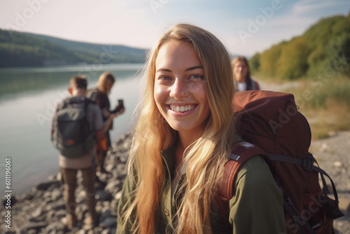 young adult woman traveling, hiking along a small river in nature with other tourists or friends, fictional place