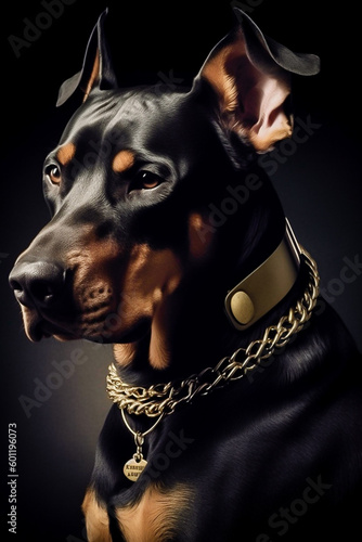 portrait of a brutal Doberman dog on a dark background in the studio. the image was created using artificial intelligence