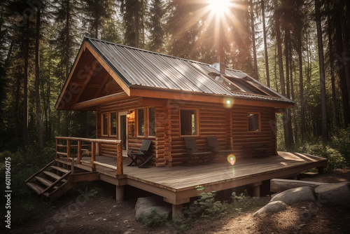 Log cabin in the forest with sunlight. Ai generated