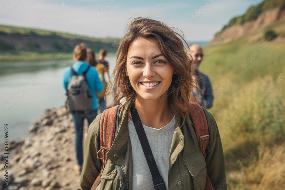 young adult woman traveling, hiking along a small river in nature with other tourists or friends and local people, fictional place