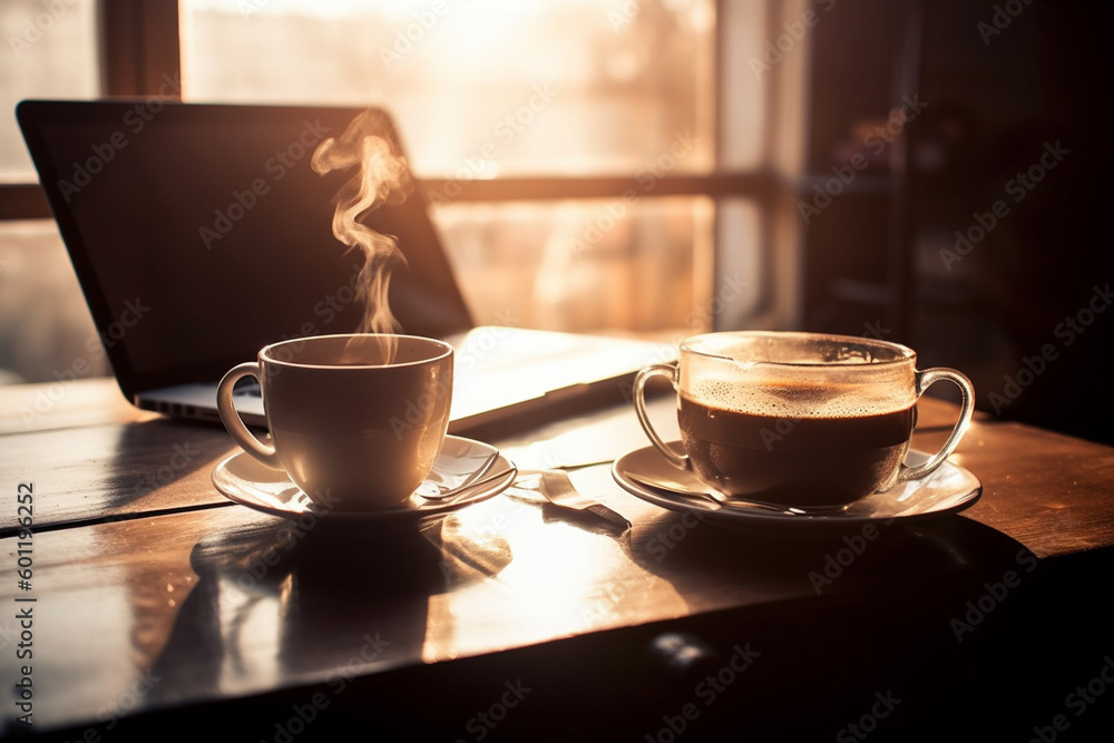 Hot cup of morning coffee inside a room with laptop. Cozy relaxing environment to enjoy an espresso and work. Ai generated Hot cup of morning coffee inside a room with laptop. Cozy relaxing environment to enjoy an espresso and work. Ai generated