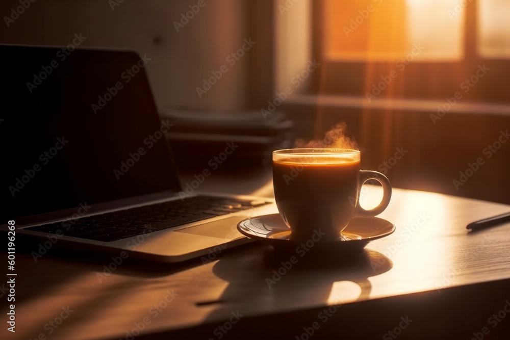 Hot cup of morning coffee inside a room with laptop. Cozy relaxing environment to enjoy an espresso and work. Ai generated Hot cup of morning coffee inside a room with laptop. Cozy relaxing environment to enjoy an espresso and work. Ai generated