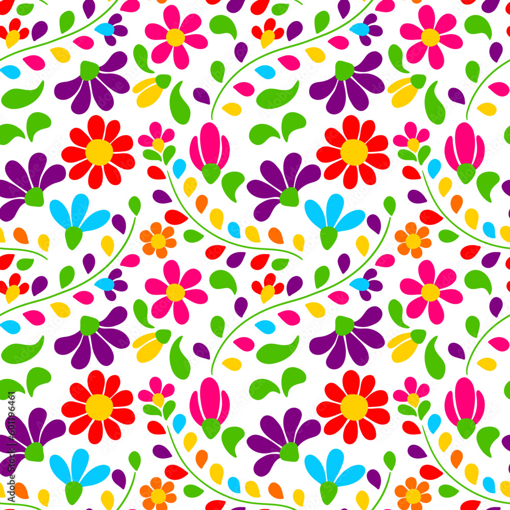 Mexican floral embroidery pattern. Traditional ornament of flowers and leaves.