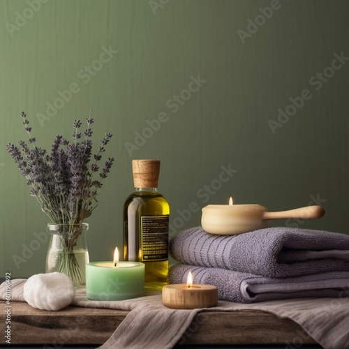 Peaceful spa still life with lavender plants, oils and candles against a green wall created using generative AI