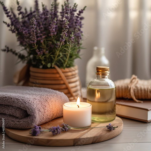 Spa still life with lavender plants and candles
