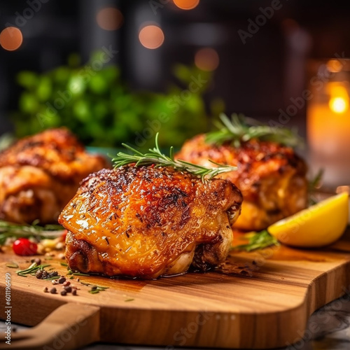 Fototapete Roasted chicken thighs on a wooden cutboard created using generative AI