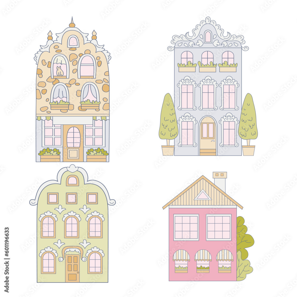 Isolated vector set of Small and tiny houses. Home facade with doors ...