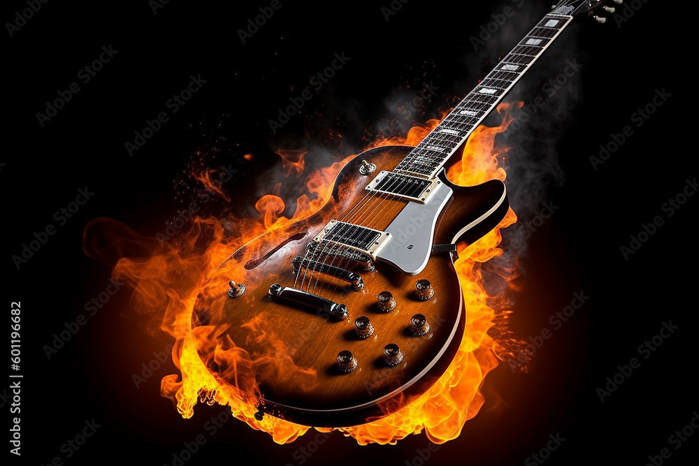 Rock guitar on fire isolated on black background. Ai generated