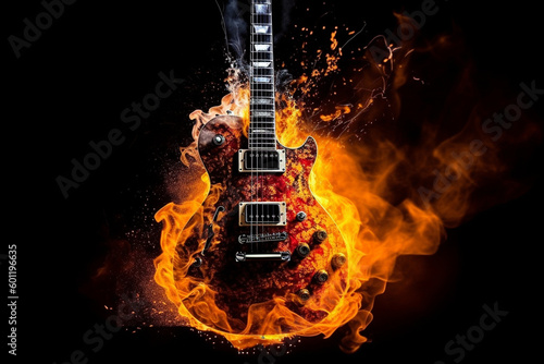 Rock guitar on fire isolated on black background. Ai generated