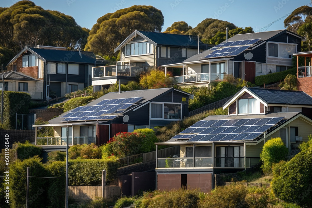 Neighborhood with beautiful houses and solar panels. Ai generated Neighborhood with beautiful houses and solar panels. Ai generated
