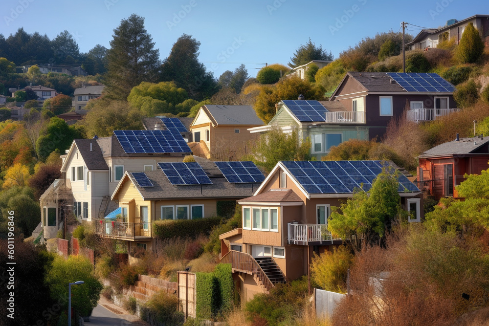 Neighborhood with beautiful houses and solar panels. Ai generated