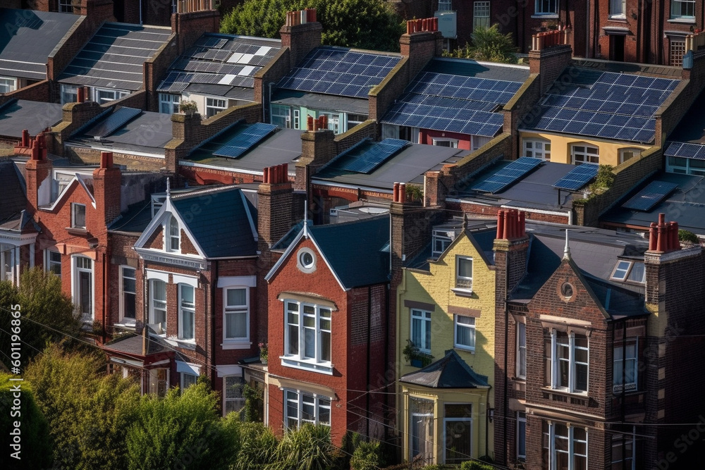 Fototapeta premium Neighborhood with beautiful houses and solar panels. Ai generated