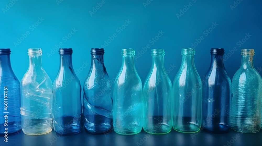 illustration, plastic bottles on blue background, ai generative illustration, plastic bottles on blue background, ai generative