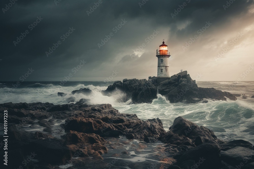 A lighthouse stands on rocky shore with stormy sky and lightning in the background. Generative AI