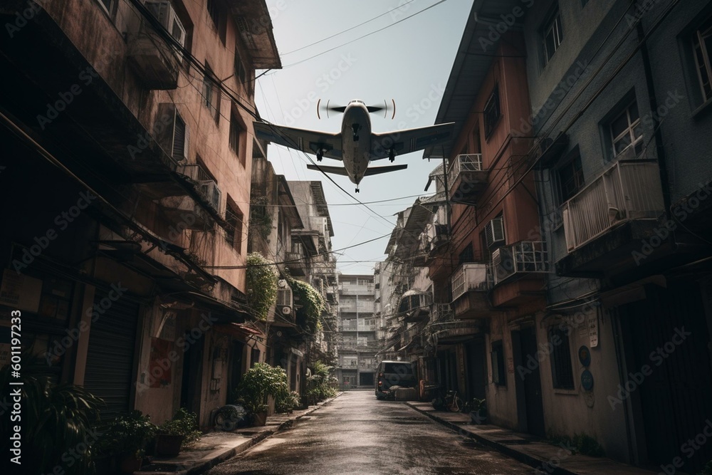 A plane in flight over a street. Generative AI