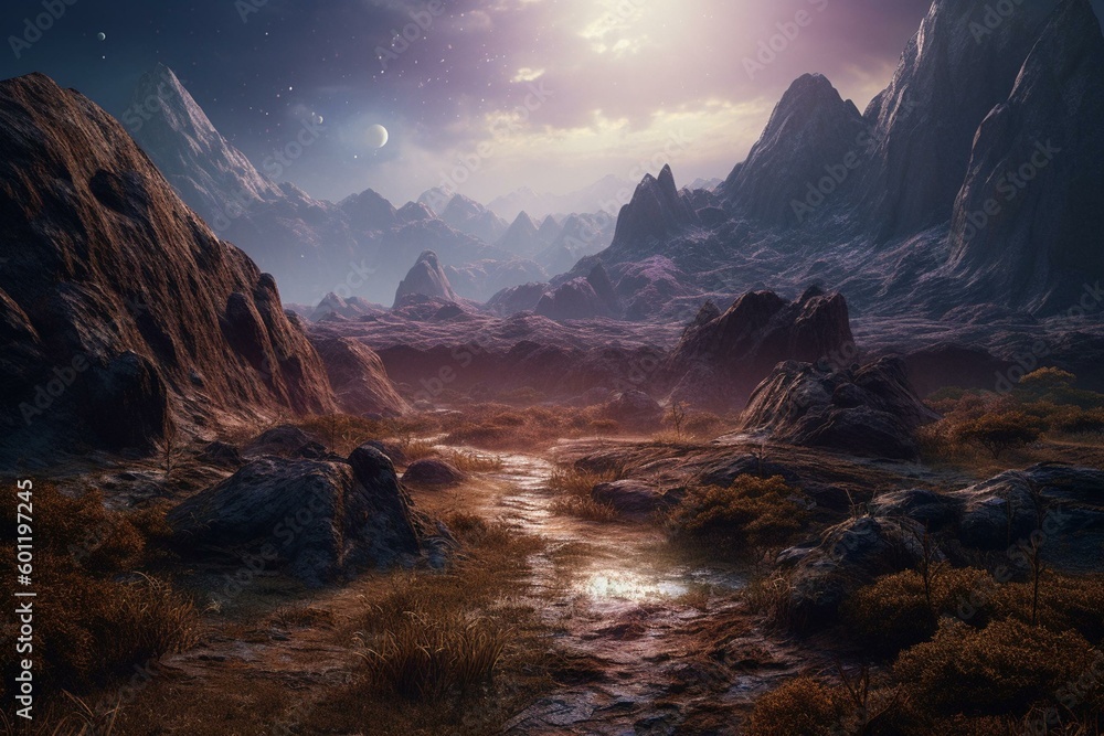 Artwork depicting a Martian terrain, featuring large planets, a purple cosmic backdrop, meteorites, and peaks. Generative AI
