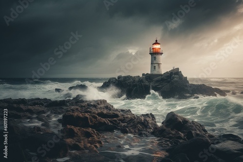 A lighthouse stands on rocky shore with stormy sky and lightning in the background. Generative AI