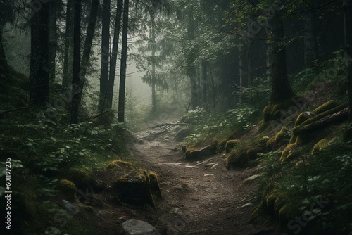 Forest trail in damp European woods. Generative AI