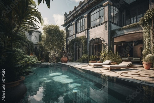 Enjoying luxurious living in a villa with a pool. Generative AI © Rowan