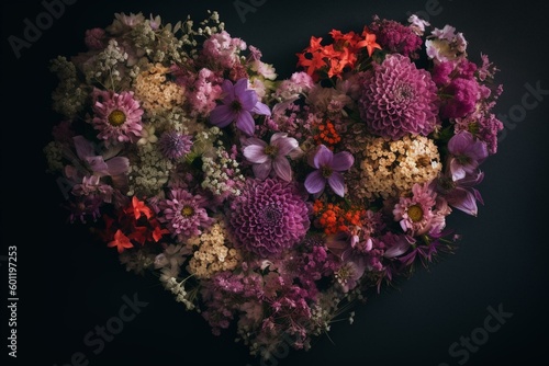 Heart-shaped arrangement of flowers. Generative AI