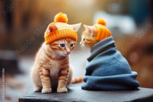 Ginger kittens in knitted hats in forest. Generative AI