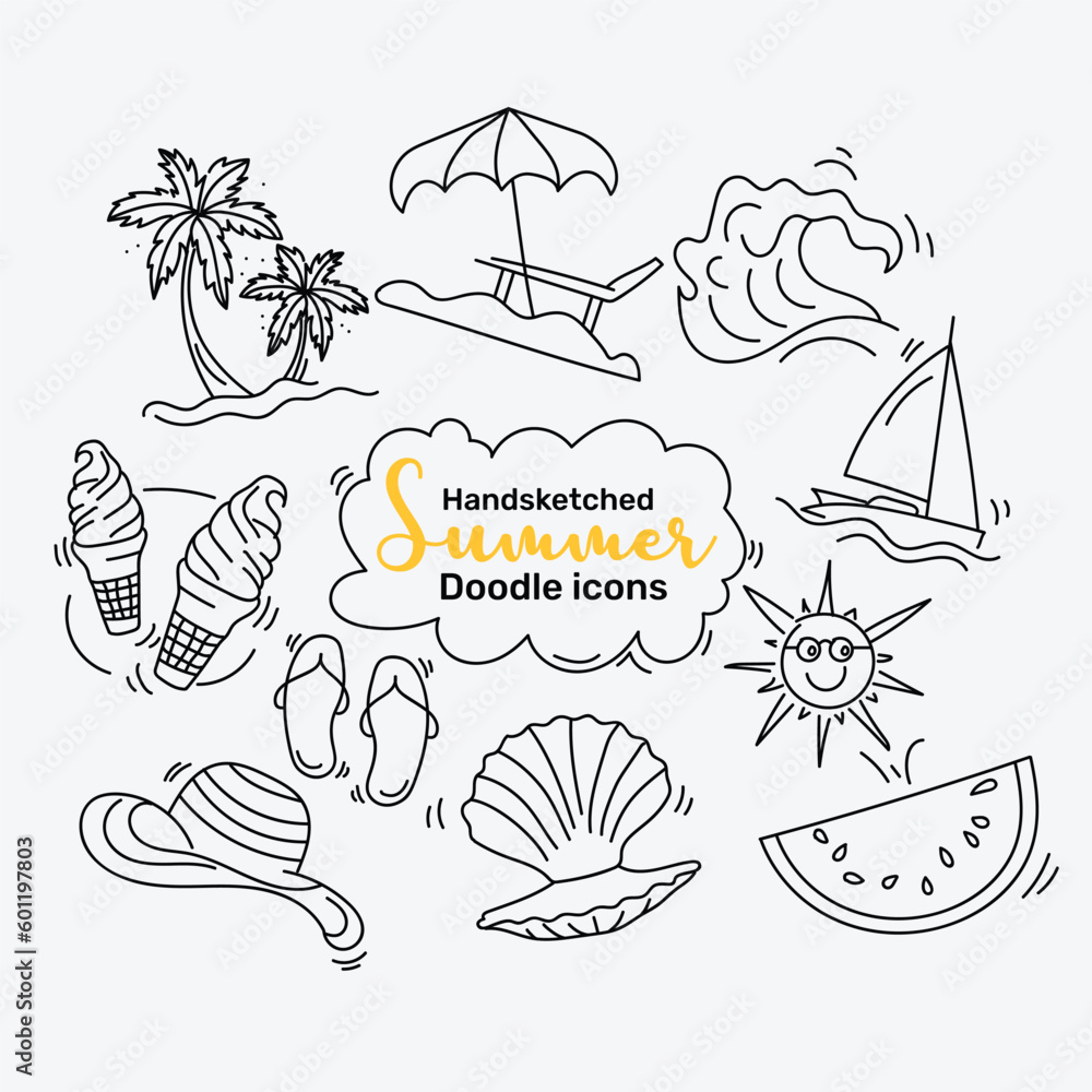 set of simple hand sketched doodle icon ideas in a line art style for the summer season vector set of simple hand sketched doodle icon ideas in a line art style for the summer season vector