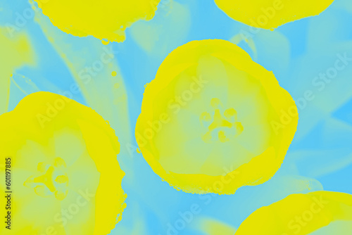 Vivid yellow lemon color flowers tulips on a blue background