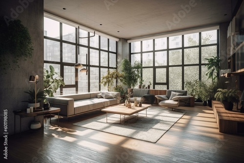 Minimalist and cozy interior with comfy seating, decor, and ample natural light. Generative AI