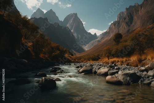 A stunning landscape painting of Peru, featuring a river and towering mountains in the background. Generative AI © Phoenix