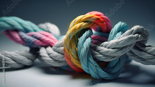 Rainbow colored rope with knots in middle on bright grey background