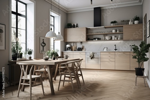 Scandinavian-style kitchen with a mock poster frame. Rendered in 3D. Generative AI