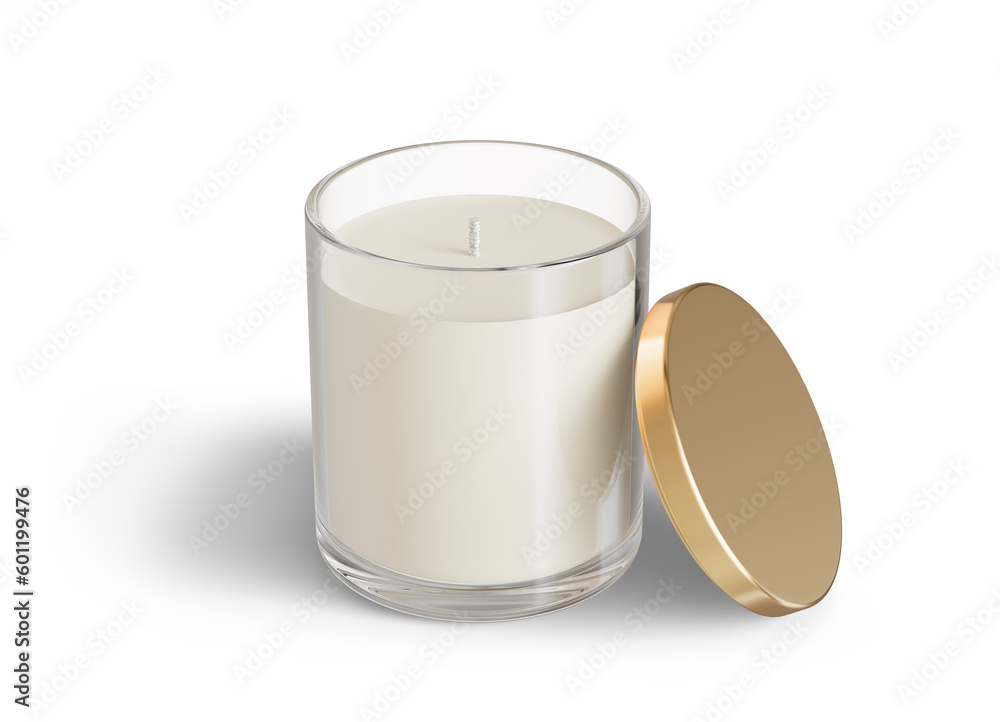 Minimalist candle mockup, clear glass candle jar with golden lid open design-ready 3D render template Minimalist candle mockup, clear glass candle jar with golden lid open design-ready 3D render template