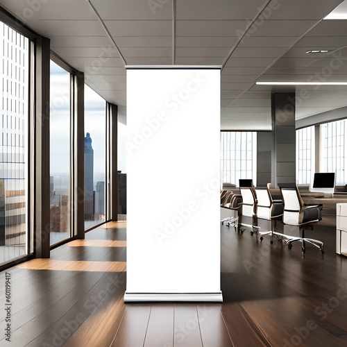 Rollup banner standee mockup in office background. AI Generative