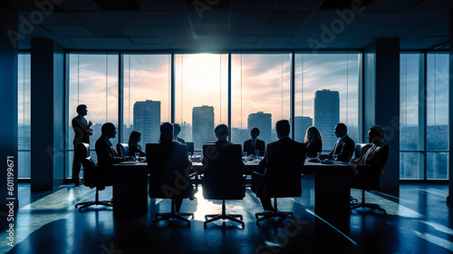 Businesspeople sitting in a conference room in front of a window