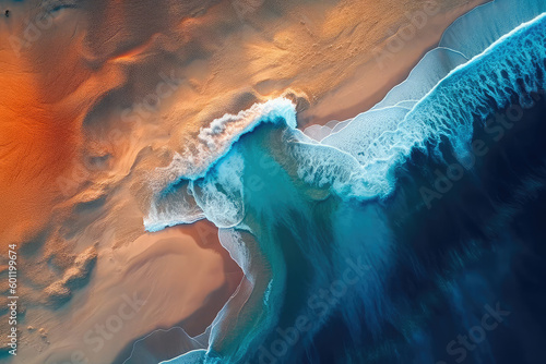 Sandy beach with a drone in the style of atmospheric abstraction, dark indigo and light gold, natural patterns, romantic river landscapes. Generative AI