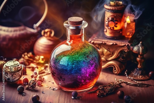 Colorful Witchcraft Poison Potion on Table  Generative AI