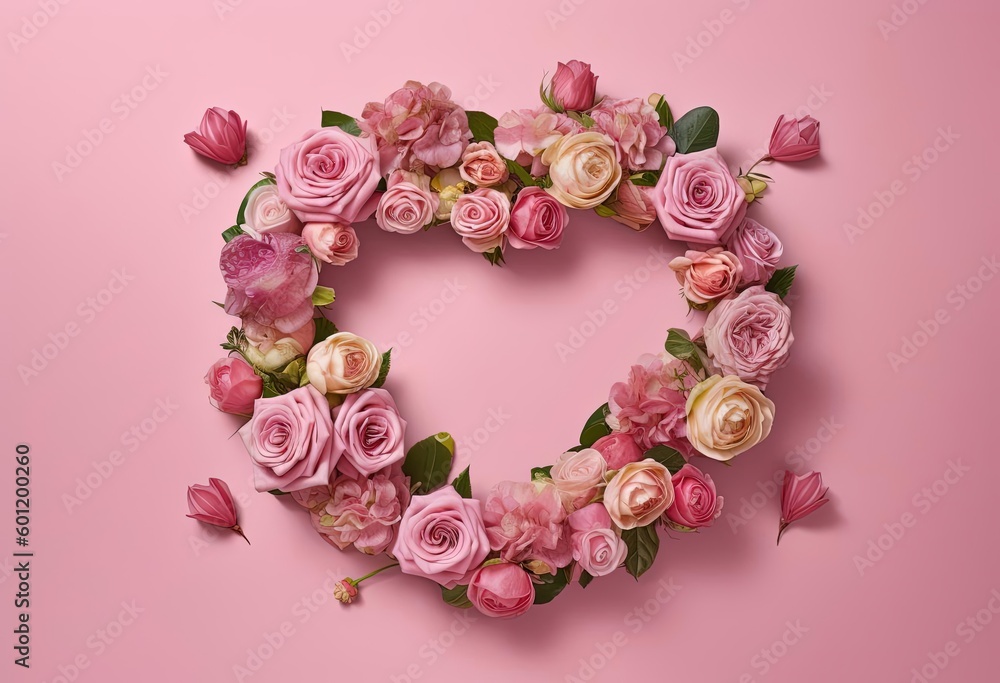 a circular arrangement of pink roses and greenery on a pink background, generative ai a circular arrangement of pink roses and greenery on a pink background, generative ai