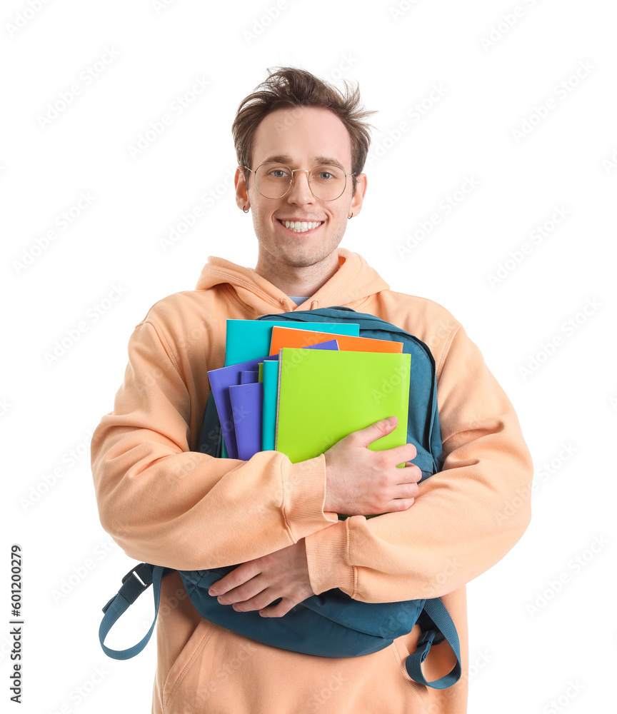 Male student with backpack on white background Male student with backpack on white background