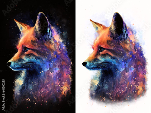 Watercolor galaxy painting style illustration of a red fox side profile with transparent background. Generative AI © SushiGirl