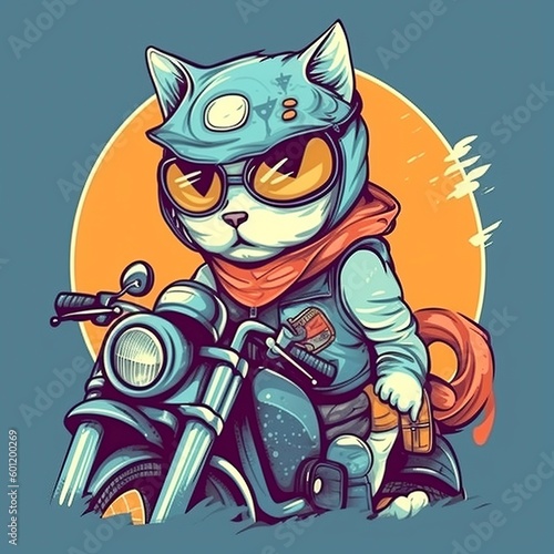 illustration cartoon bandit cat on a motor, generative ai