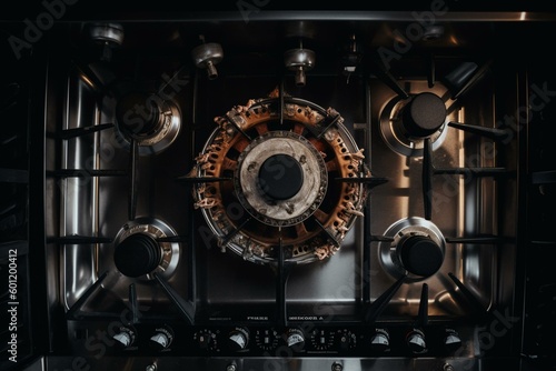 Overhead perspective of ignited natural gas stove. Generative AI