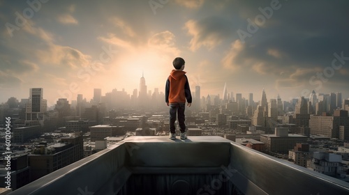 illustration  image of a boy with his back standing looking at the big city  ai generative.