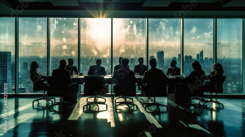 Businesspeople sitting in a conference room in front of a window