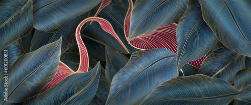Photography Tropical art background with flamingo birds and leaves of exotic plants with golden elements
